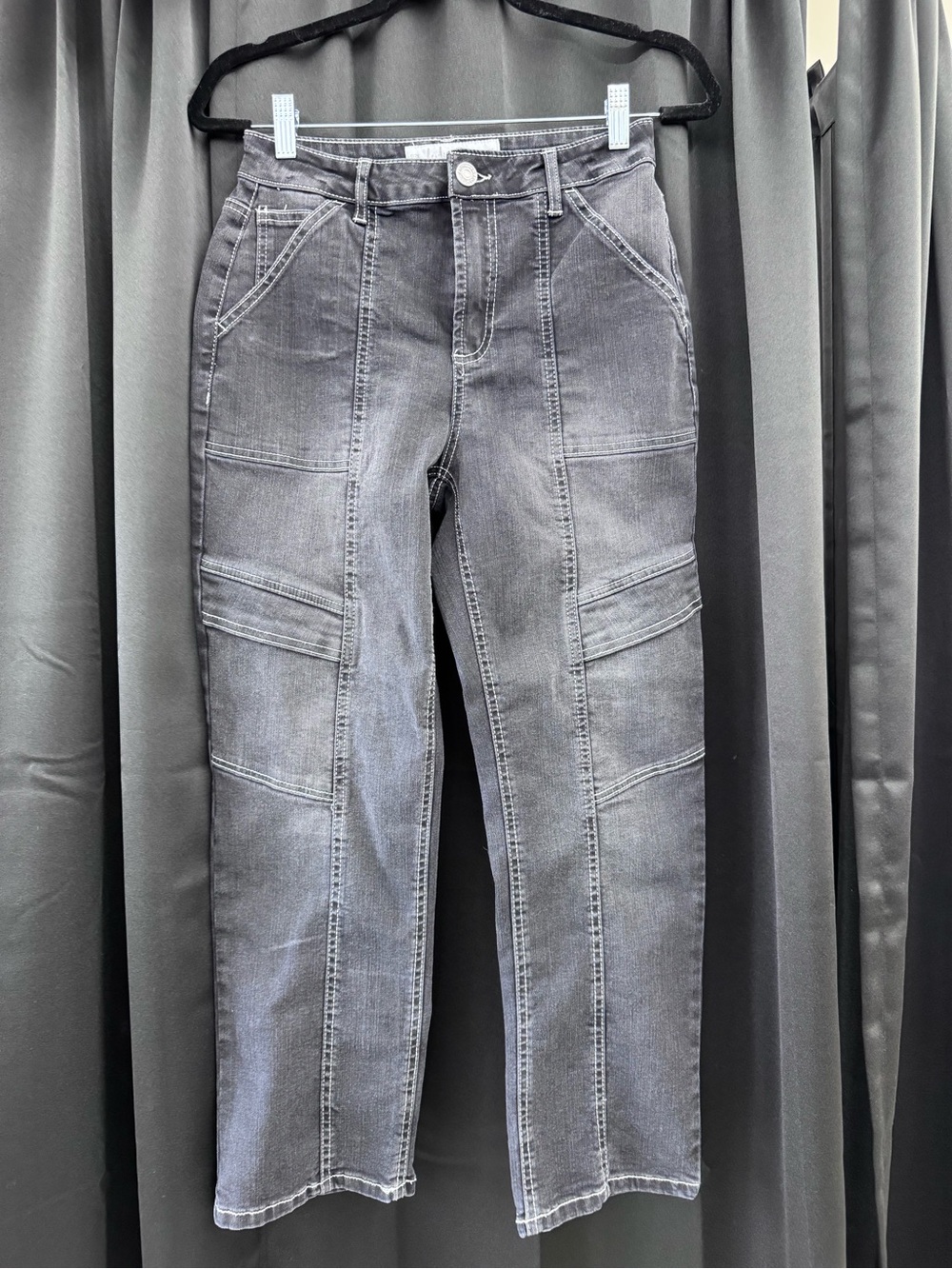 Indigo Rein Gray Paneled Straight Leg Jeans with Contrast Stitching